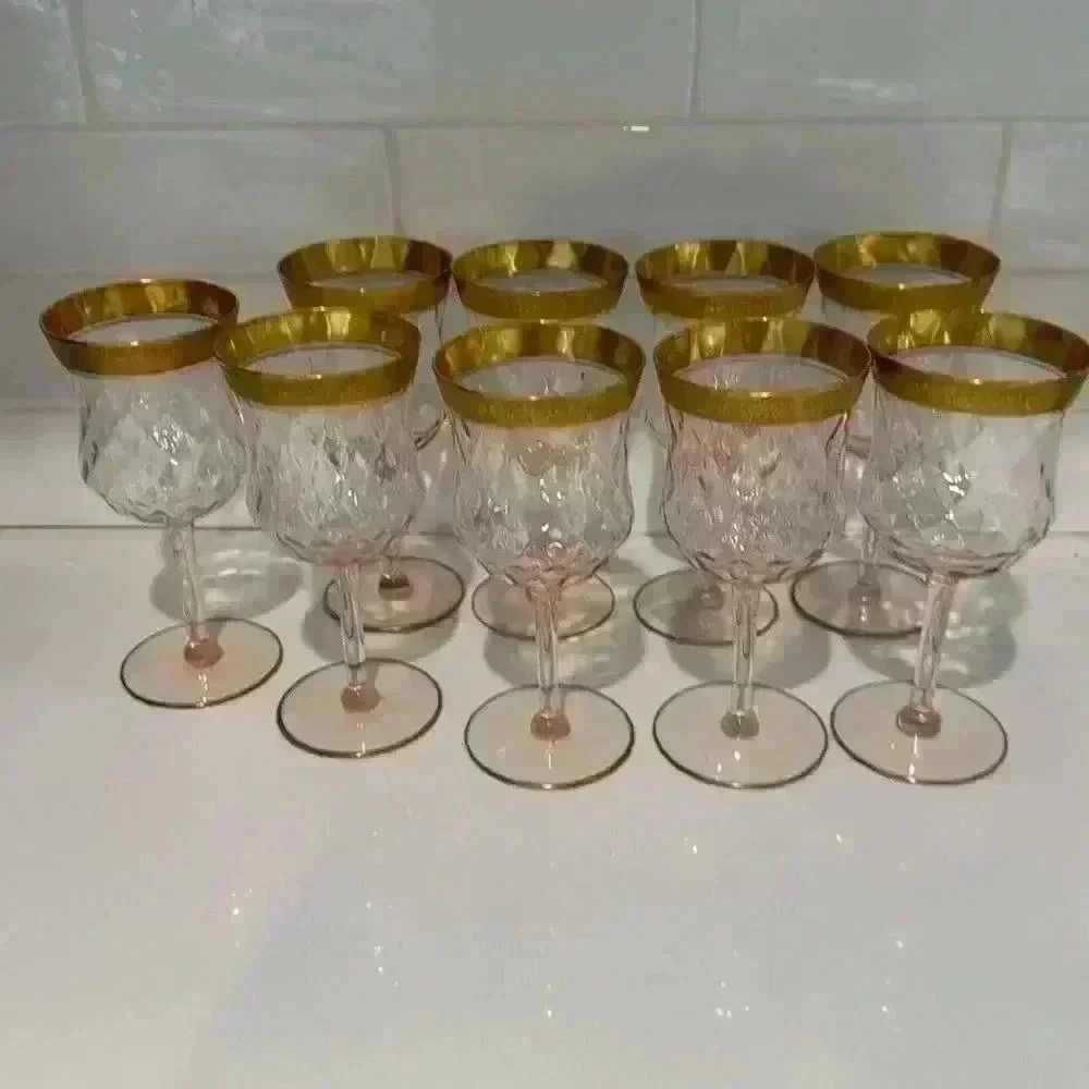 TIFFIN Franciscan Valencia Pink Water Stem‎ Goblets, Vintage 11 pieces w/Gold